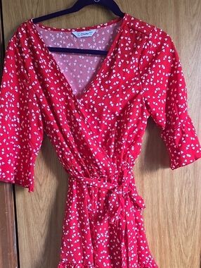Red Heart Print Wrap Romper